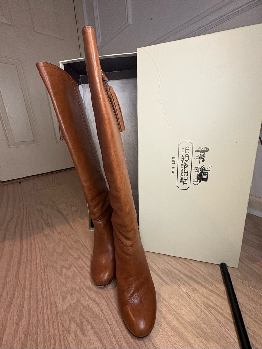 Coach Cognac Leather Knee-High Tassel Zip Boots - Picture 4 of 10